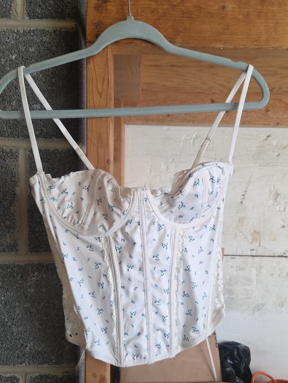 Forever 21 Cream Floral Bustier Top with Blue Print